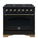 Front view of the FORNO Antico 36-Inch Gas Range in black, showcasing a bold black stainless steel finish, six brass burners, and a spacious single oven with professional-style control knobs.