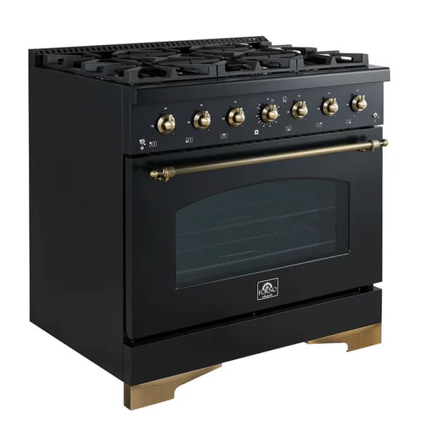 Left-angled front view of the FORNO Antico 36-Inch Gas Range in black, featuring a sleek black stainless finish, six brass burners, and a single oven with premium control knobs.