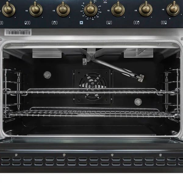 Interior view of the FORNO Antico 36-Inch Gas Range in black, featuring a vibrant blue enamel oven cavity, convection fan, and multiple heavy-duty racks for versatile cooking.
