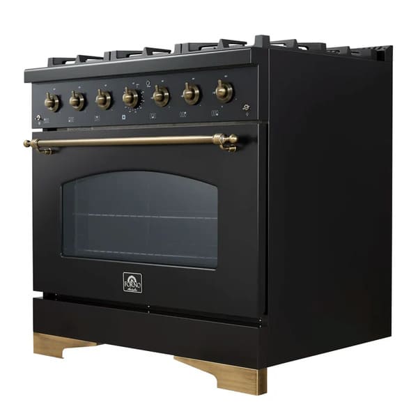 Right-angled front view of the FORNO Antico 36-Inch Gas Range in black, highlighting its six brass burners, spacious oven, and modern black stainless steel finish for a professional kitchen look.