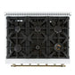 Top-down view of the FORNO Antico 36-Inch Gas Range in white, showcasing six brass burners, continuous cast iron grates, and a clean matte white surface for a professional cooking setup.