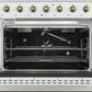 Interior view of the FORNO Antico 36-Inch Gas Range in white, featuring a vibrant blue enamel oven cavity, convection fan, and heavy-duty racks for multi-level cooking.