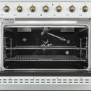 Interior view of the FORNO Antico 36-Inch Gas Range in white, featuring a vibrant blue enamel oven cavity, convection fan, and heavy-duty racks for multi-level cooking.