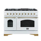 Front view of the FORNO Antico 48-Inch Dual Fuel Range in white, featuring a matte white finish, double ovens, eight brass burners, and stainless steel control knobs for a professional look.