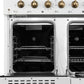 Interior view of the secondary oven in the FORNO Antico 48-Inch Dual Fuel Range in white, featuring a compact blue enamel cavity, convection fan, and adjustable oven rack for versatile cooking.