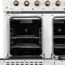 Interior view of the secondary oven in the FORNO Antico 48-Inch Dual Fuel Range in white, featuring a compact blue enamel cavity, convection fan, and adjustable oven rack for versatile cooking.
