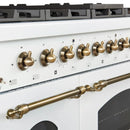 Close-up view of the control knobs on the FORNO Antico 48-Inch Dual Fuel Range in white, featuring polished brass bezels and precision-marked stainless steel knobs set against a sleek control panel.