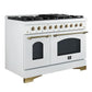 Left-angled front view of the FORNO Antico 48-Inch Dual Fuel Range in white, showcasing its elegant matte white finish, dual oven doors, and eight brass burners on a professional cooktop.