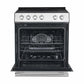 Front view of the FORNO 30-inch electric range in stainless steel with the oven door open, revealing the spacious interior and oven racks.