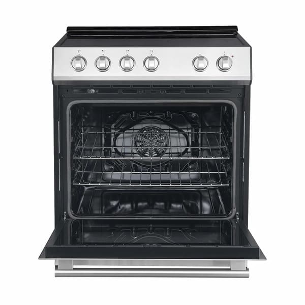Front view of the FORNO 30-inch electric range in stainless steel with the oven door open, revealing the spacious interior and oven racks.
