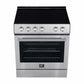 Top view of the FORNO 30-inch electric range in stainless steel, displaying the smooth cooking surface with clearly marked heating zones and front control knobs.