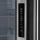 Close-up of the control panel on the FORNO 30-inch French door refrigerator in stainless steel, featuring a sleek digital display with touch controls for temperature and settings.