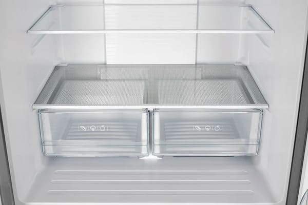 Close-up view of the drawers inside the FORNO 30-inch French door refrigerator in stainless steel, highlighting the clear, spacious compartments designed for organized food storage.