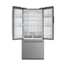 Front view of the FORNO 30-inch French door refrigerator in stainless steel with both doors open, revealing the spacious interior, adjustable shelves, and organized storage compartments.