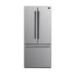 Front view of the FORNO 30-inch French door refrigerator in stainless steel, featuring double doors, a bottom freezer drawer, and a sleek, modern finish.