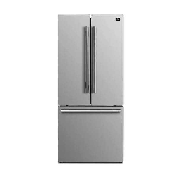 Front view of the FORNO 30-inch French door refrigerator in stainless steel, featuring double doors, a bottom freezer drawer, and a sleek, modern finish.