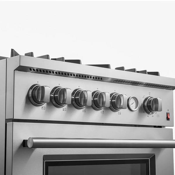Close-up of the control knobs on the FORNO 30-inch gas range in stainless steel, featuring a brushed metal finish with clear temperature and burner settings.