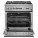 Front view of the FORNO 30-inch gas range in stainless steel with the oven door open, revealing the spacious oven interior and adjustable racks.