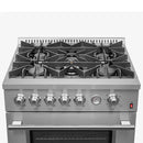 Top view of the FORNO 30-inch gas range in stainless steel, showcasing five gas burners with grates and a smooth stainless steel surface.