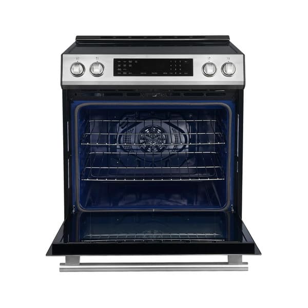 Front view of the FORNO 30-inch induction range in stainless steel with the oven door open, showing interior racks and spacious oven cavity.