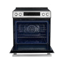 Front view of the FORNO 30-inch induction range in stainless steel with the oven door open, showing interior racks and spacious oven cavity.