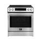 Front view of the FORNO 30-inch induction range in stainless steel, showcasing its smooth cooktop, control knobs, and modern, professional appearance.