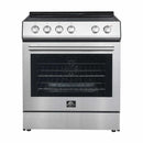 Front view of the Forno 30-inch Leonardo Espresso electric range, showcasing a matte black finish with antique brass trim, large oven window, and premium control knobs for a sophisticated, modern kitchen appearance.