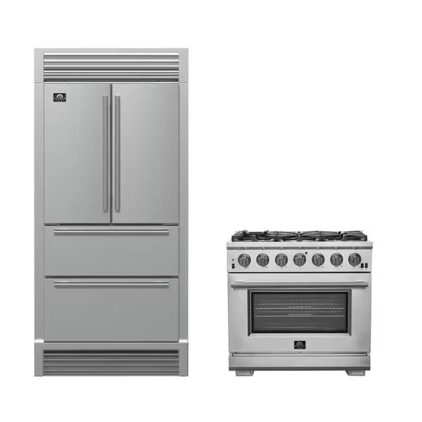 FORNO Appliance Package with 36" Gas Range and 36" French Door Refrigerator featuring Ice Maker and Grill Trim, model FBDL-019-03CAUS, in stainless steel.