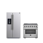 FORNO Appliance Package featuring 36-Inch Gas Range with 6 brass burners and 36-Inch French Door Refrigerator with built-in ice maker and grill trim in stainless steel.