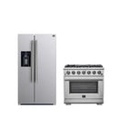 FORNO Appliance Package featuring 36-Inch Gas Range with 6 brass burners and 36-Inch French Door Refrigerator with built-in ice maker and grill trim in stainless steel.