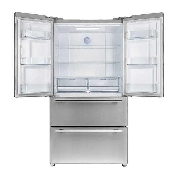 Front view of the FORNO 36-inch French door refrigerator in stainless steel with both French doors and the bottom freezer drawer open, revealing interior shelves, door bins, and spacious freezer compartments.