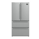 Front view of the FORNO 36-inch French door refrigerator in stainless steel, featuring double doors, a bottom freezer drawer, and a sleek, modern exterior design.
