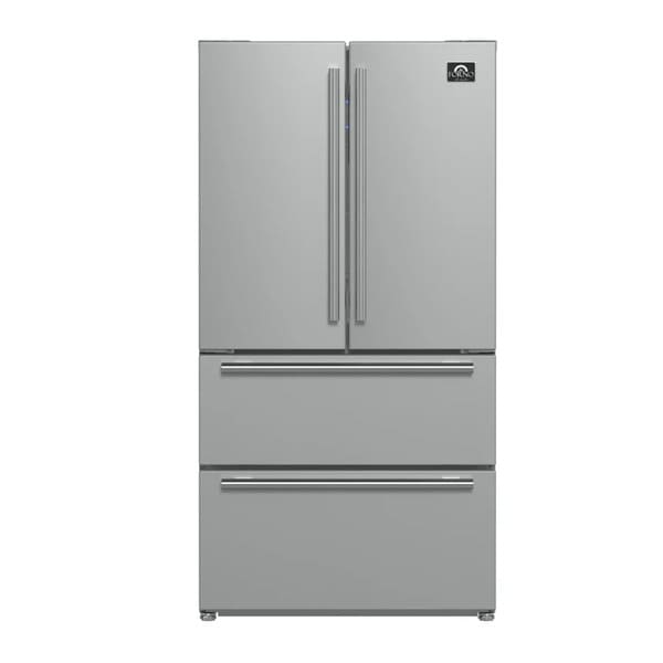 Front view of the FORNO 36-inch French door refrigerator in stainless steel, featuring double doors, a bottom freezer drawer, and a sleek, modern exterior design.