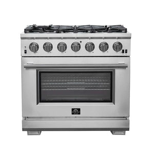 FORNO Capriasca 36-Inch Gas Range in stainless steel with 6 sealed dual-ring brass burners, convection oven, and illuminated control knobs.