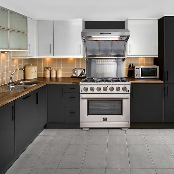 FORNO Capriasca 36-Inch Gas Range installed in a modern kitchen environment, showcasing stainless steel finish and professional-style design.