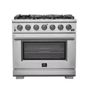 FORNO Capriasca 36-Inch Gas Range in stainless steel with 6 dual-ring brass burners, convection oven, and illuminated knobs.