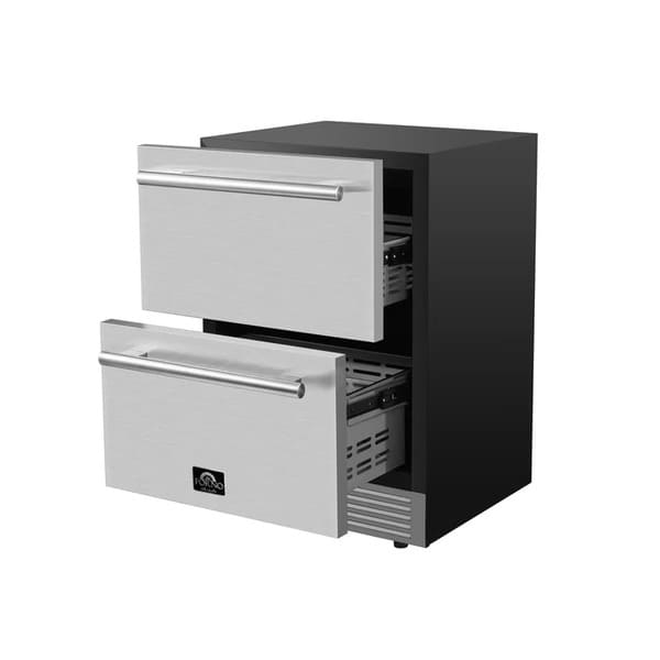 Right-side view of the FORNO Cosenza Built-In Drawer Freezer with both drawers open, showcasing spacious stainless steel storage compartments and smooth-glide drawer operation.