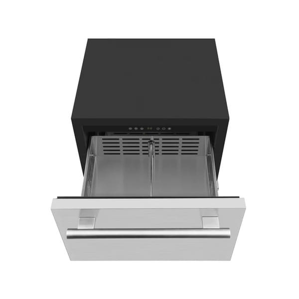 Top-down view of the FORNO Cosenza Built-In Drawer Freezer, highlighting the smooth stainless steel surface, digital control panel, and flush drawer design for modern kitchens.