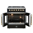 Front-facing view of the FORNO Galiano 30-Inch French Door Dual Fuel Range in black with both oven doors open, highlighting the vibrant blue interior, convection fan, and heavy-duty oven racks.