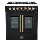 Front view of the FORNO Galiano 30-Inch French Door Dual Fuel Range in black, featuring a sleek stainless cooktop with sealed burners, French-style oven doors, and elegant brass-accented control knobs.