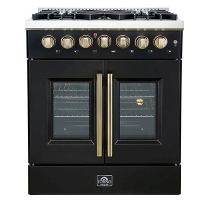 Front view of the FORNO Galiano 30-Inch French Door Dual Fuel Range in black, featuring a sleek stainless cooktop with sealed burners, French-style oven doors, and elegant brass-accented control knobs.