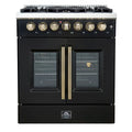 Front view of the FORNO Galiano 30-Inch French Door Dual Fuel Range in black, featuring a sleek stainless cooktop with sealed burners, French-style oven doors, and elegant brass-accented control knobs.