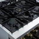 Left-angled view of the FORNO Galiano 30-Inch French Door Dual Fuel Range in black, highlighting the stainless steel cooktop with sealed brass burners and continuous cast iron grates.