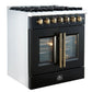 Left-angled view of the FORNO Galiano 30-Inch French Door Dual Fuel Range in black, showcasing the smooth stainless cooktop, brass-finished control knobs, and stylish French-door oven design.