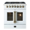 Front view of the FORNO Galiano 30-Inch French Door Dual Fuel Range in white, featuring elegant French oven doors, antique brass accents, and a professional stainless steel cooktop with six burners.