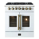 Front view of the FORNO Galiano 30-Inch French Door Dual Fuel Range in white, featuring elegant French oven doors, antique brass accents, and a professional stainless steel cooktop with six burners.