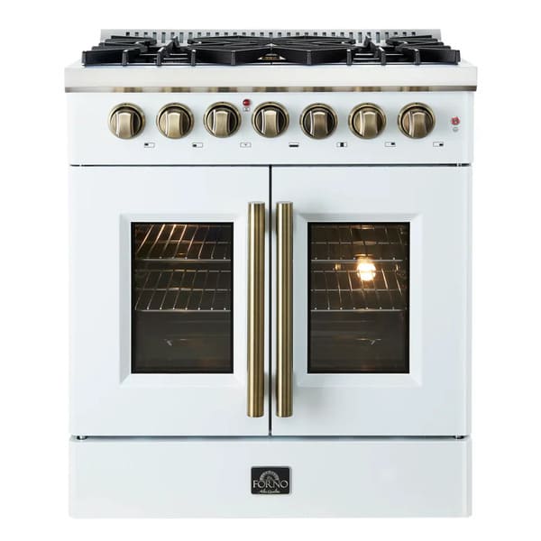 Front view of the FORNO Galiano 30-Inch French Door Dual Fuel Range in white, featuring elegant French oven doors, antique brass accents, and a professional stainless steel cooktop with six burners.