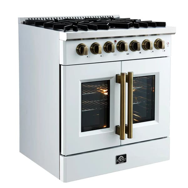 Left-angled view of the FORNO Galiano 30-Inch French Door Dual Fuel Range in white, showcasing its sleek profile, antique brass hardware, and spacious French door oven design.
