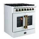 Left-angled view of the FORNO Galiano 30-Inch French Door Dual Fuel Range in white, showcasing its sleek profile, antique brass hardware, and spacious French door oven design.