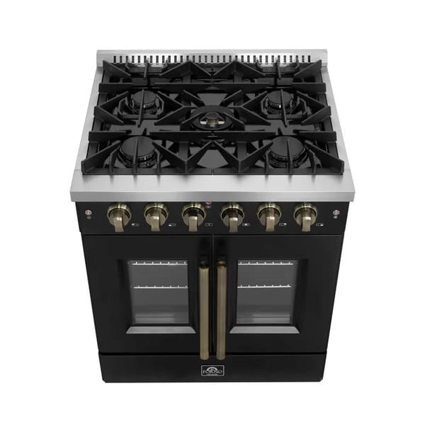 Top-front view of the FORNO Galiano 30-Inch French Door Gas Range in black, featuring four sealed brass burners, continuous cast iron grates, and a sleek matte black cooktop surface for versatile cooking performance.
